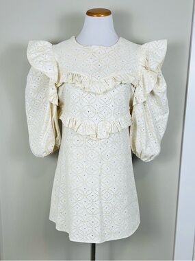 En Saison Cream Eyelet Ruffle Puff-Sleeve Dress